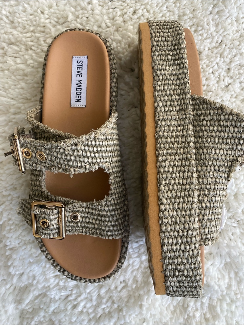 Steve Madden Beige Woven Double-Buckle Platform Mules - Picture 4 of 7
